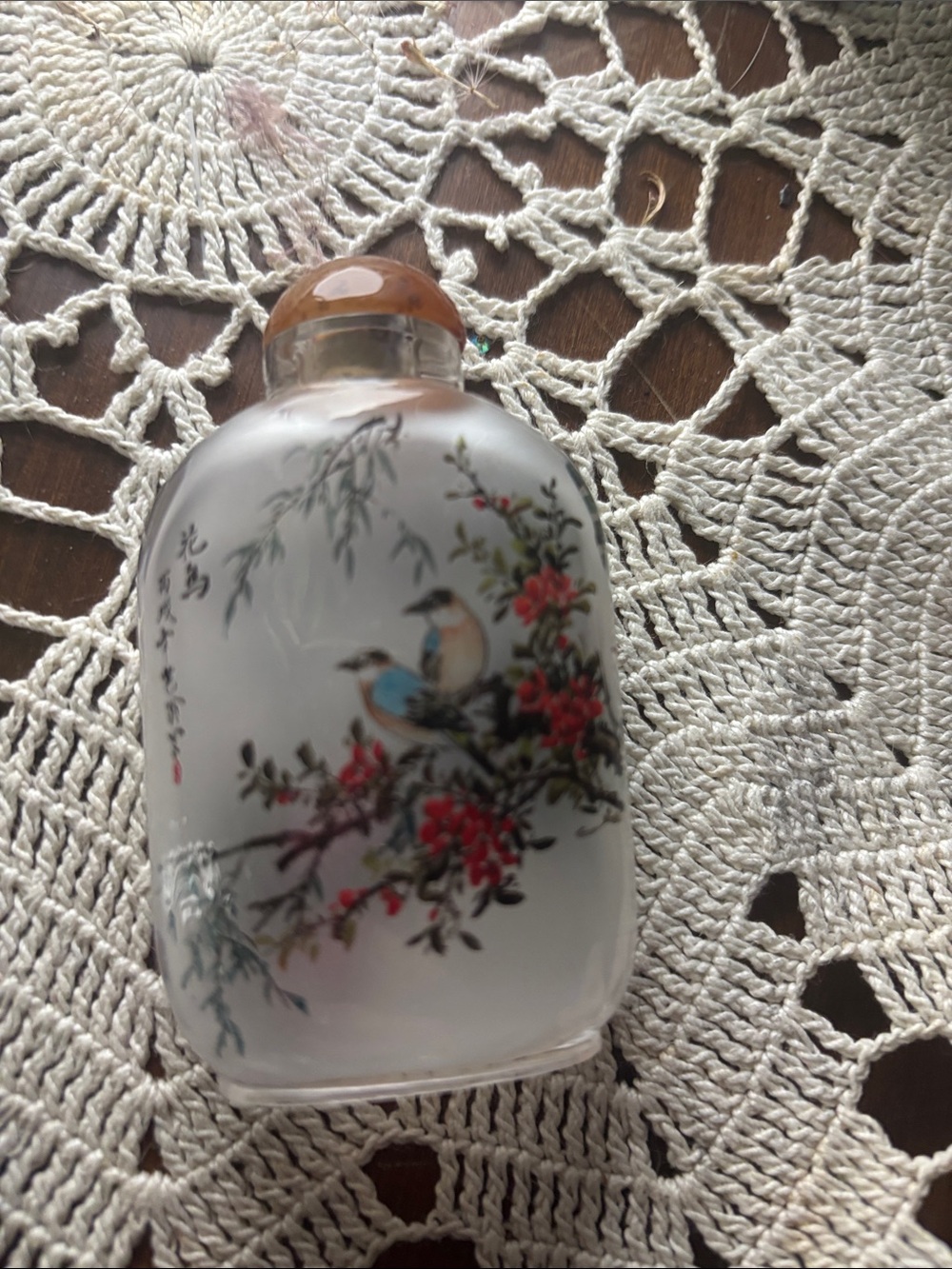 Decorative White Porcelain Snuff Bottle with Bird & Floral Motif